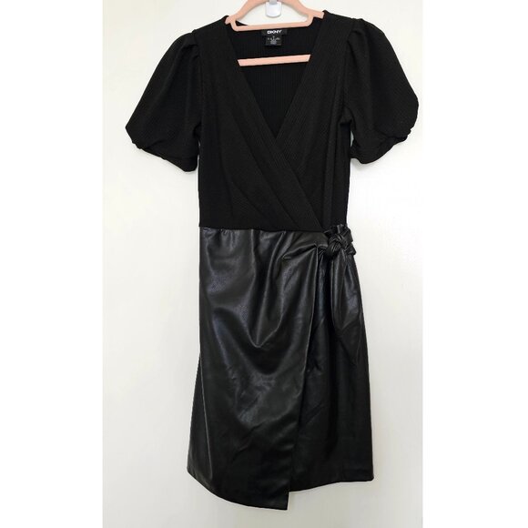 DKNY Faux PU Leather Short Puff Sleeves Mock Wrap Mini Dress US 2 - Picture 2 of 13